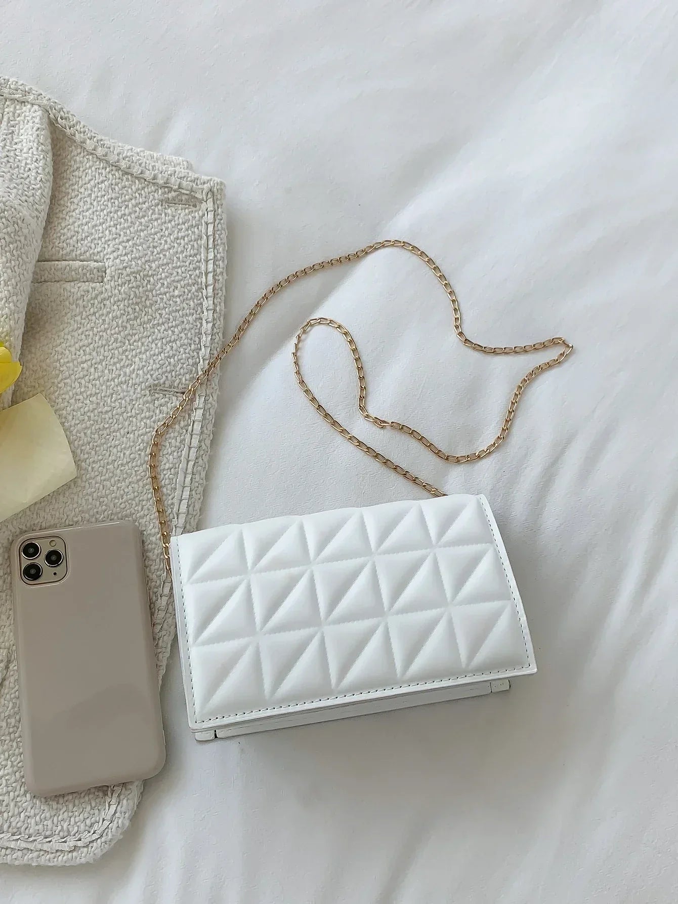 Mini Square Bag Quilted Chain Strap PU White Elegant Handbags