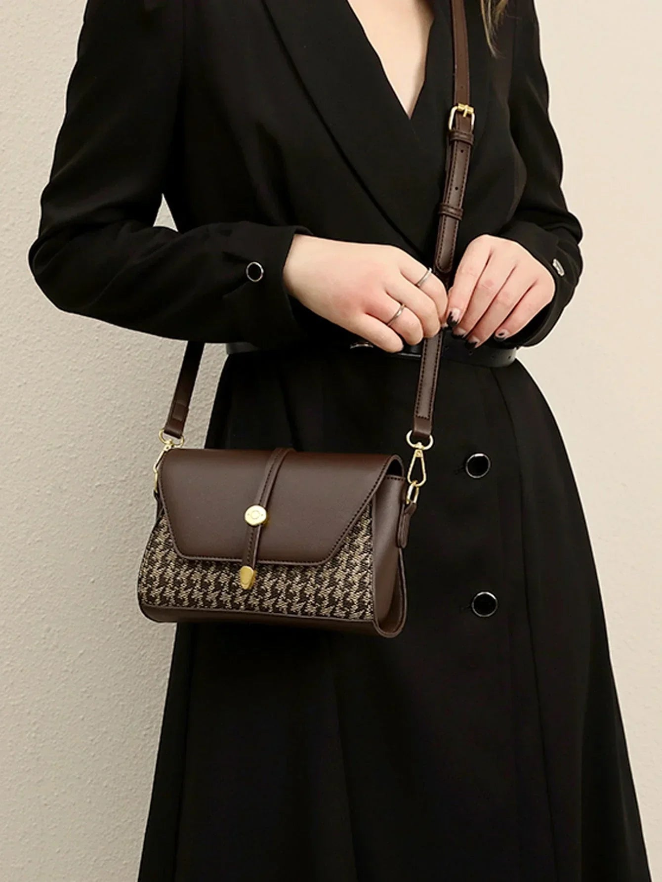 Mini Square Bag Houndstooth Pattern Flap PU - 11