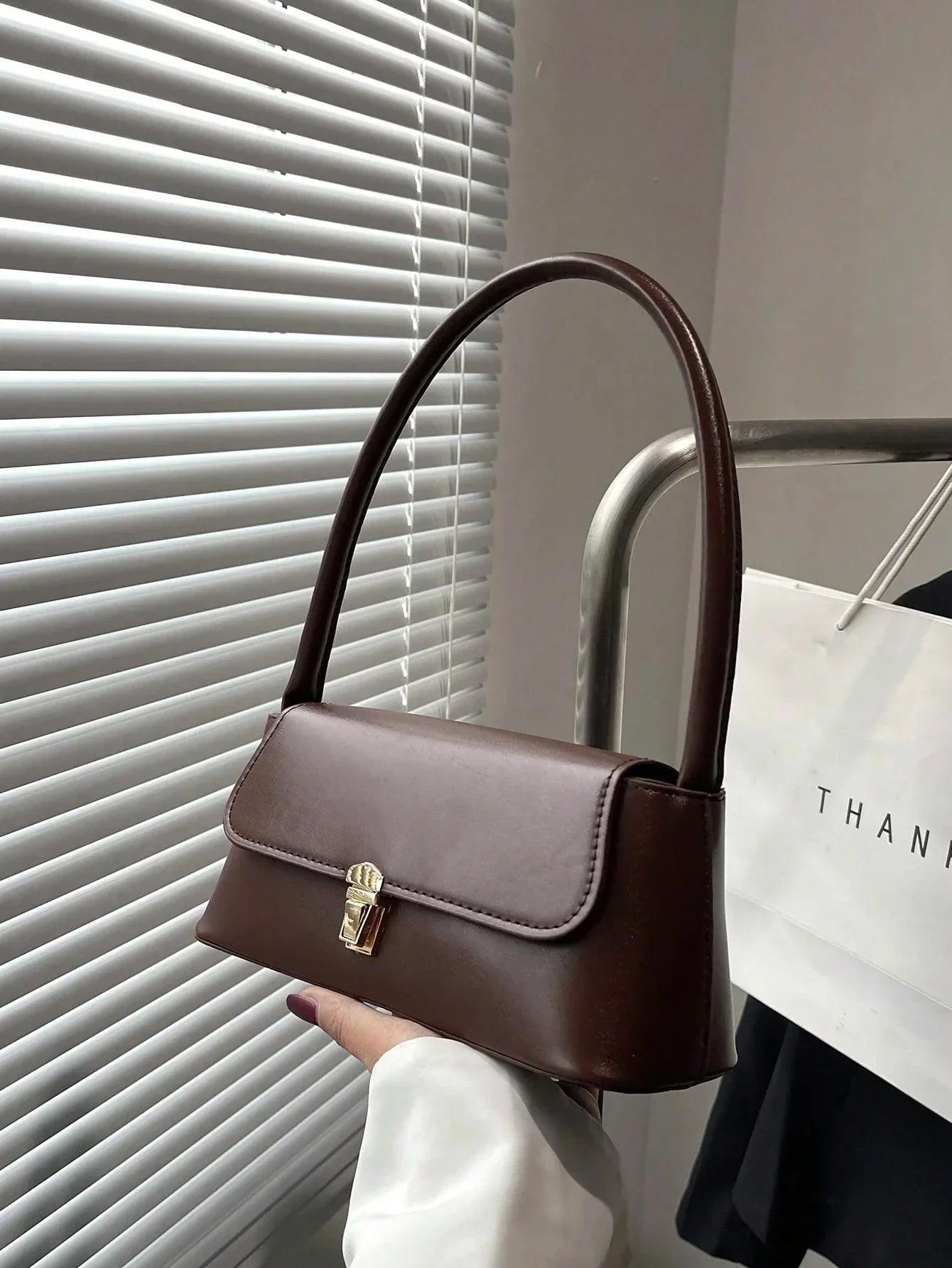 Small Baguette Bag Solid Colour Push Lock Flap - 12