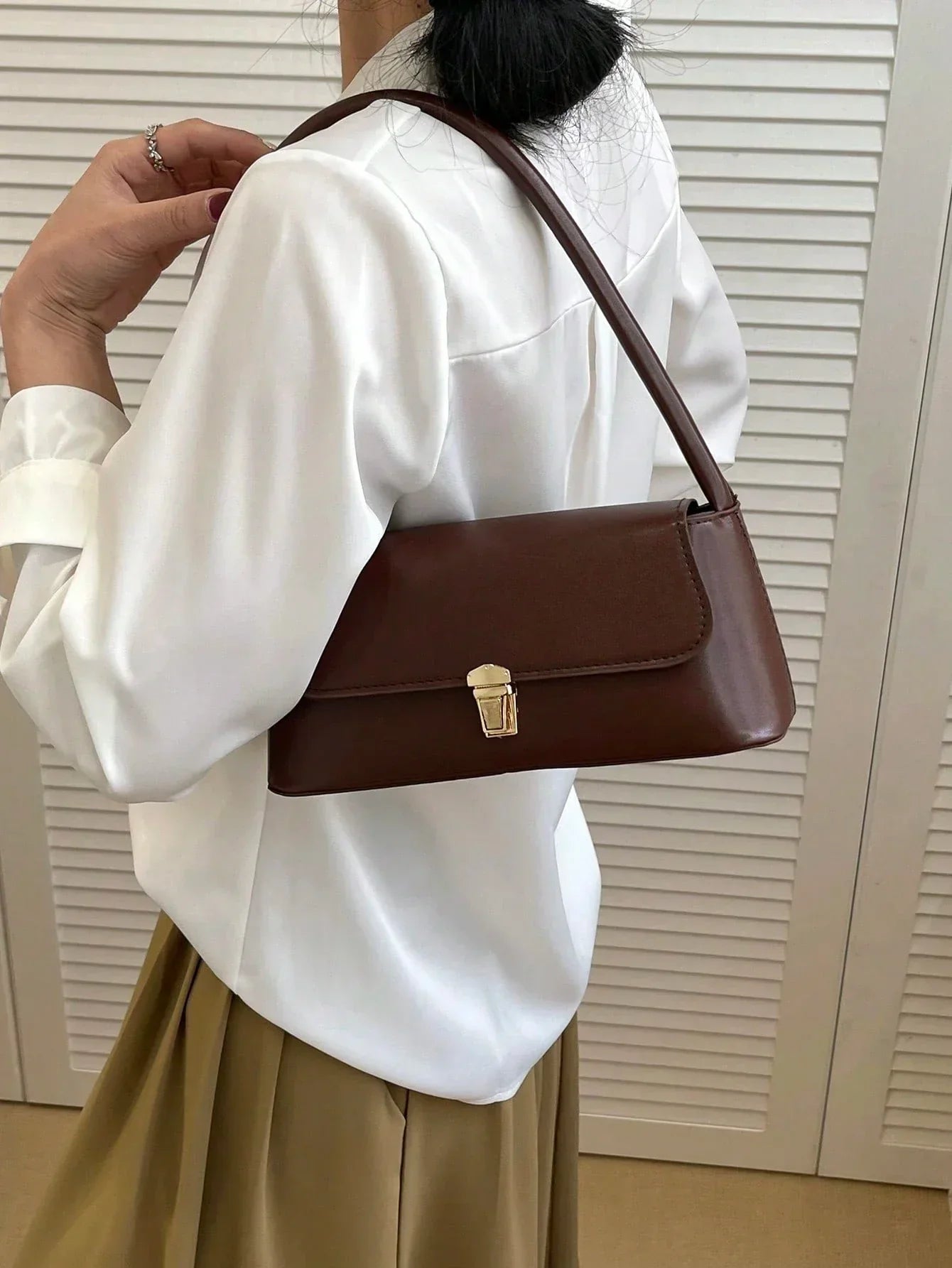 Small Baguette Bag Solid Colour Push Lock Flap - 12