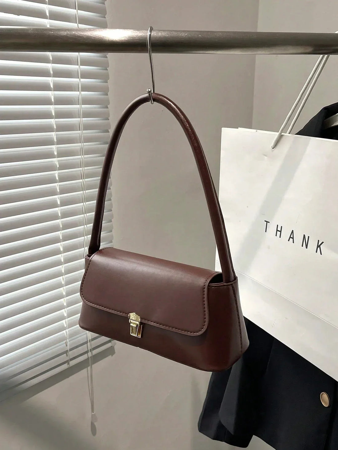 Small Baguette Bag Solid Colour Push Lock Flap - 12