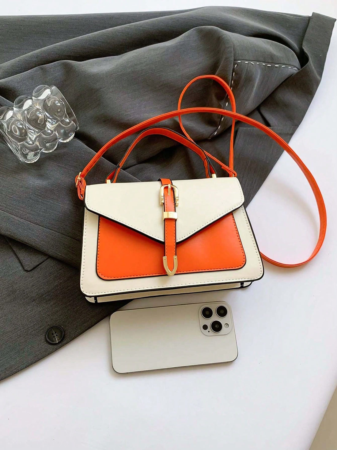 Faux Leather Belt Decor Flap Handbag Shoulder Bag