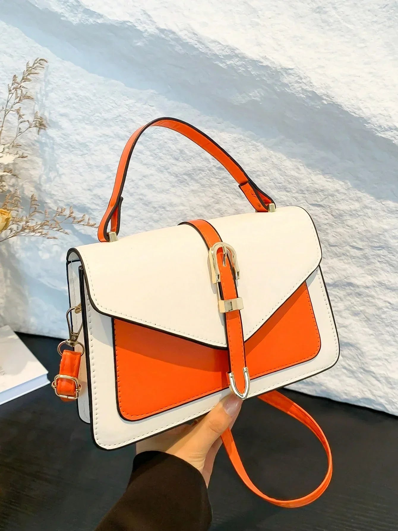 Faux Leather Belt Decor Flap Handbag Shoulder Bag