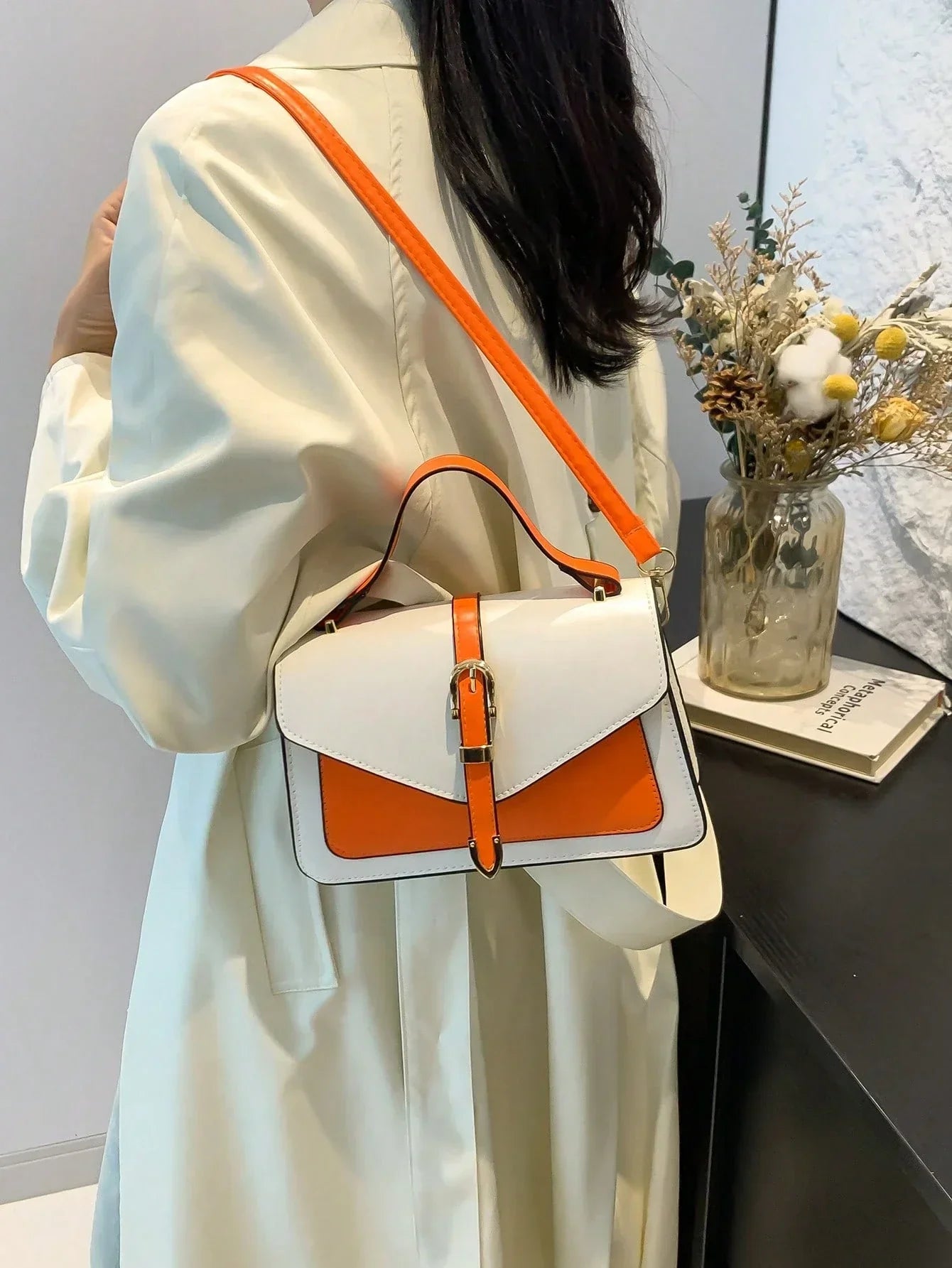 Faux Leather Belt Decor Flap Handbag Shoulder Bag