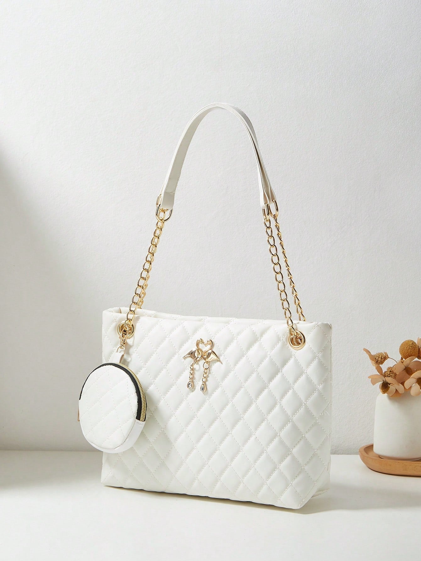 Minimalist Women Faux Leather Diamond Pattern Tasseled 2 Pieces Set: Large Capacity Shoulder Diagonal Chain Tote Bag, Shopping Bag, Business Casual School Floral Embroidery Handbag, Gift For Women, Makeup Coin Purse