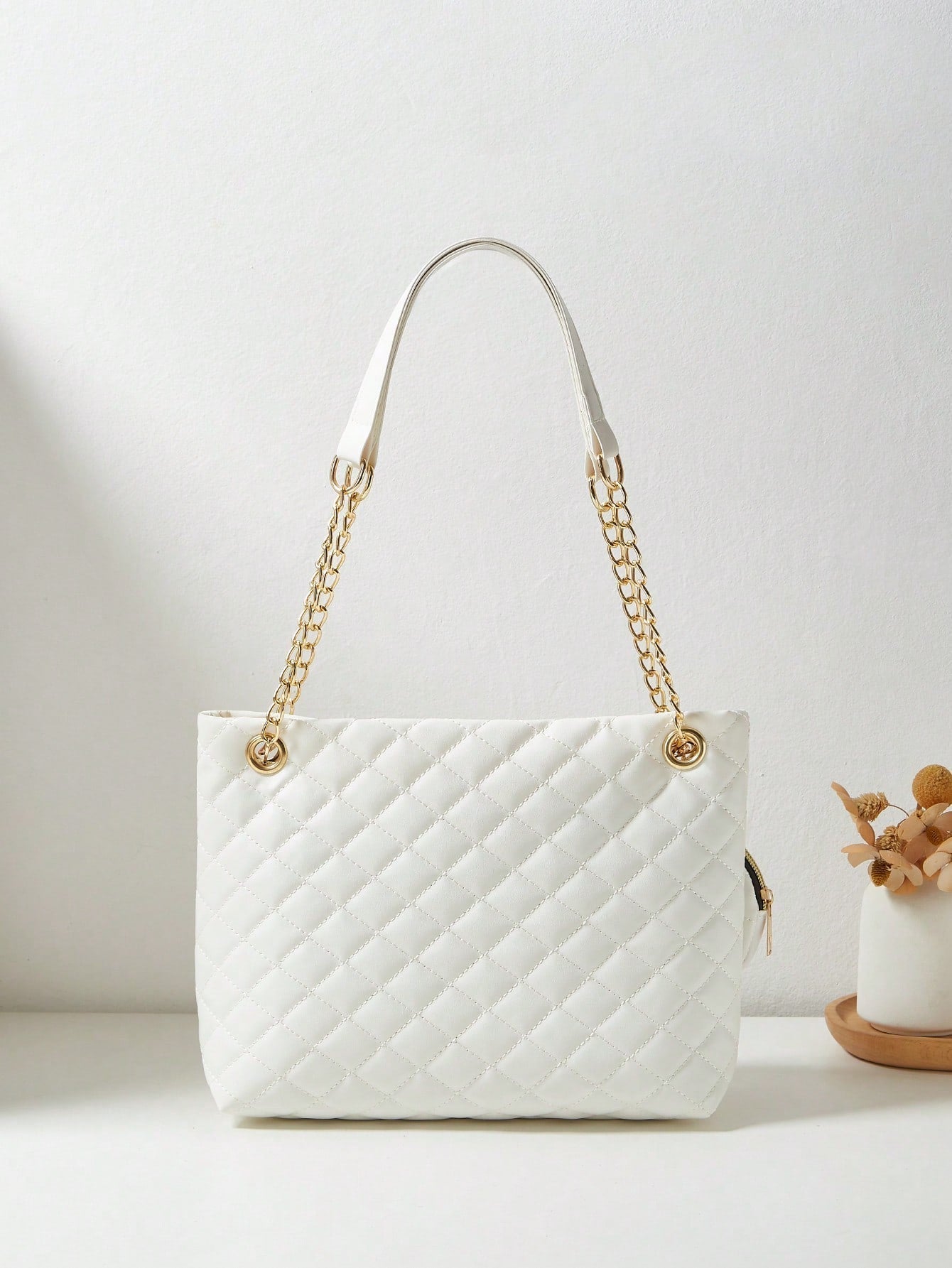 Minimalist Women Faux Leather Diamond Pattern Tasseled 2 Pieces Set: Large Capacity Shoulder Diagonal Chain Tote Bag, Shopping Bag, Business Casual School Floral Embroidery Handbag, Gift For Women, Makeup Coin Purse