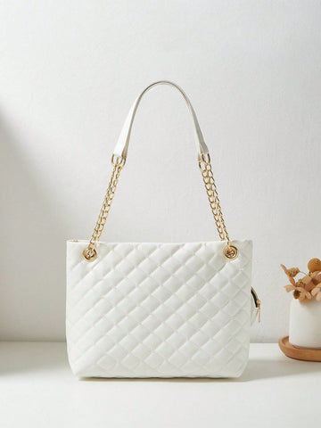 Minimalist Women Faux Leather Diamond Pattern Tasseled 2 Pieces Set: Large Capacity Shoulder Diagonal Chain Tote Bag, Shopping Bag, Business Casual School Floral Embroidery Handbag, Gift For Women, Makeup Coin Purse