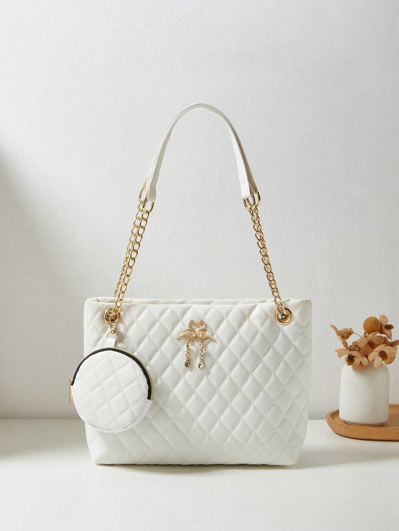 Minimalist Women Faux Leather Diamond Pattern Tasseled 2 Pieces Set: Large Capacity Shoulder Diagonal Chain Tote Bag, Shopping Bag, Business Casual School Floral Embroidery Handbag, Gift For Women, Makeup Coin Purse