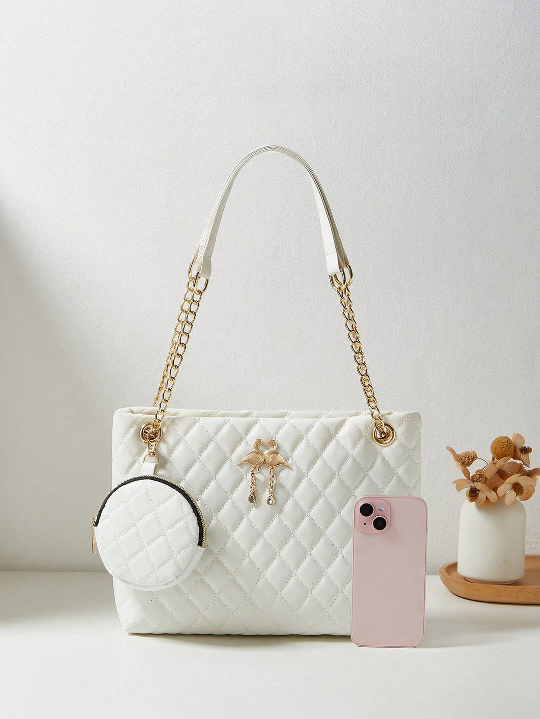 Minimalist Women Faux Leather Diamond Pattern Tasseled 2 Pieces Set: Large Capacity Shoulder Diagonal Chain Tote Bag, Shopping Bag, Business Casual School Floral Embroidery Handbag, Gift For Women, Makeup Coin Purse