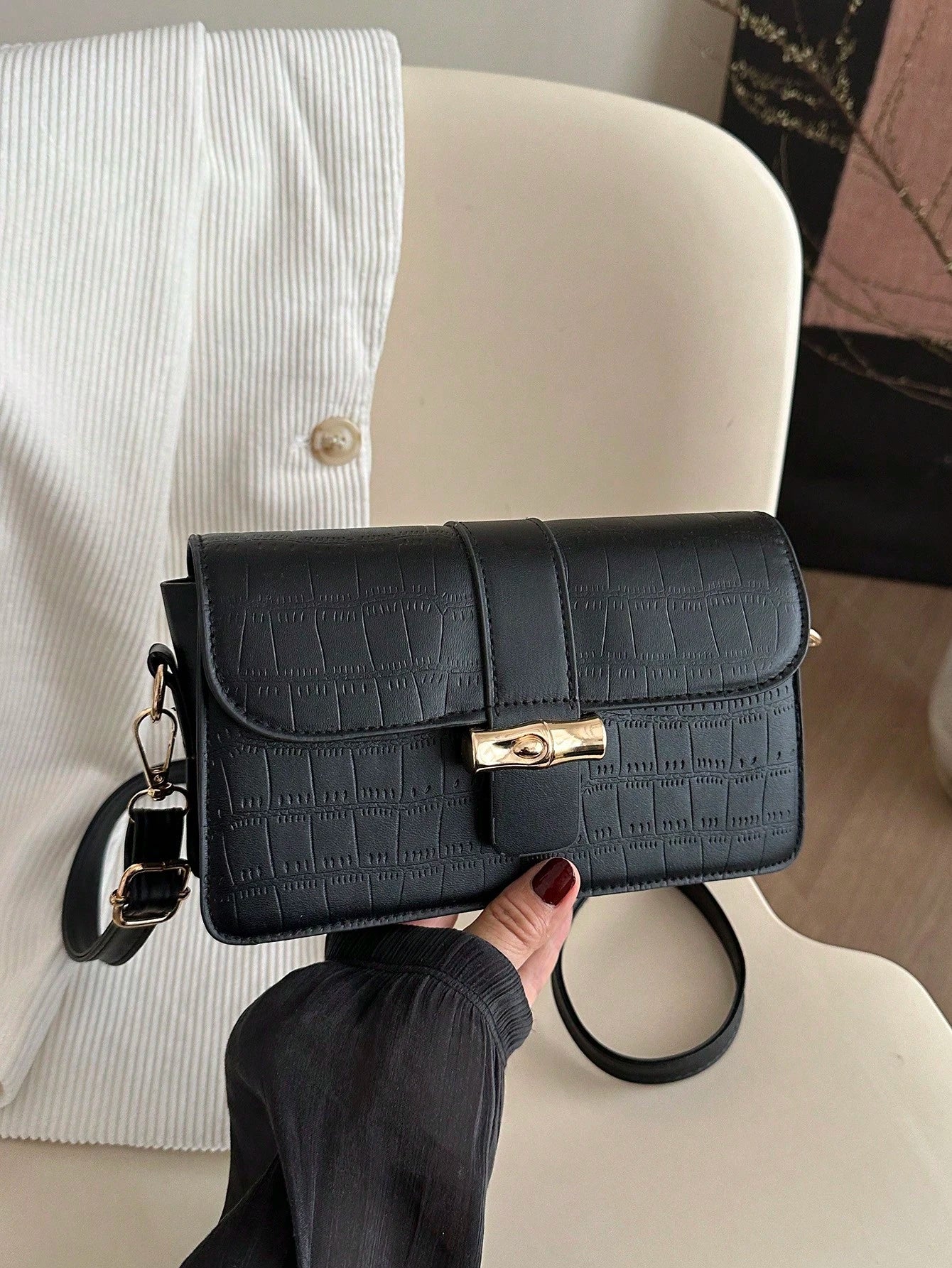 1 Pc Crocodile Embossed Flap Square Bag, Animal Print Women Bag - 14