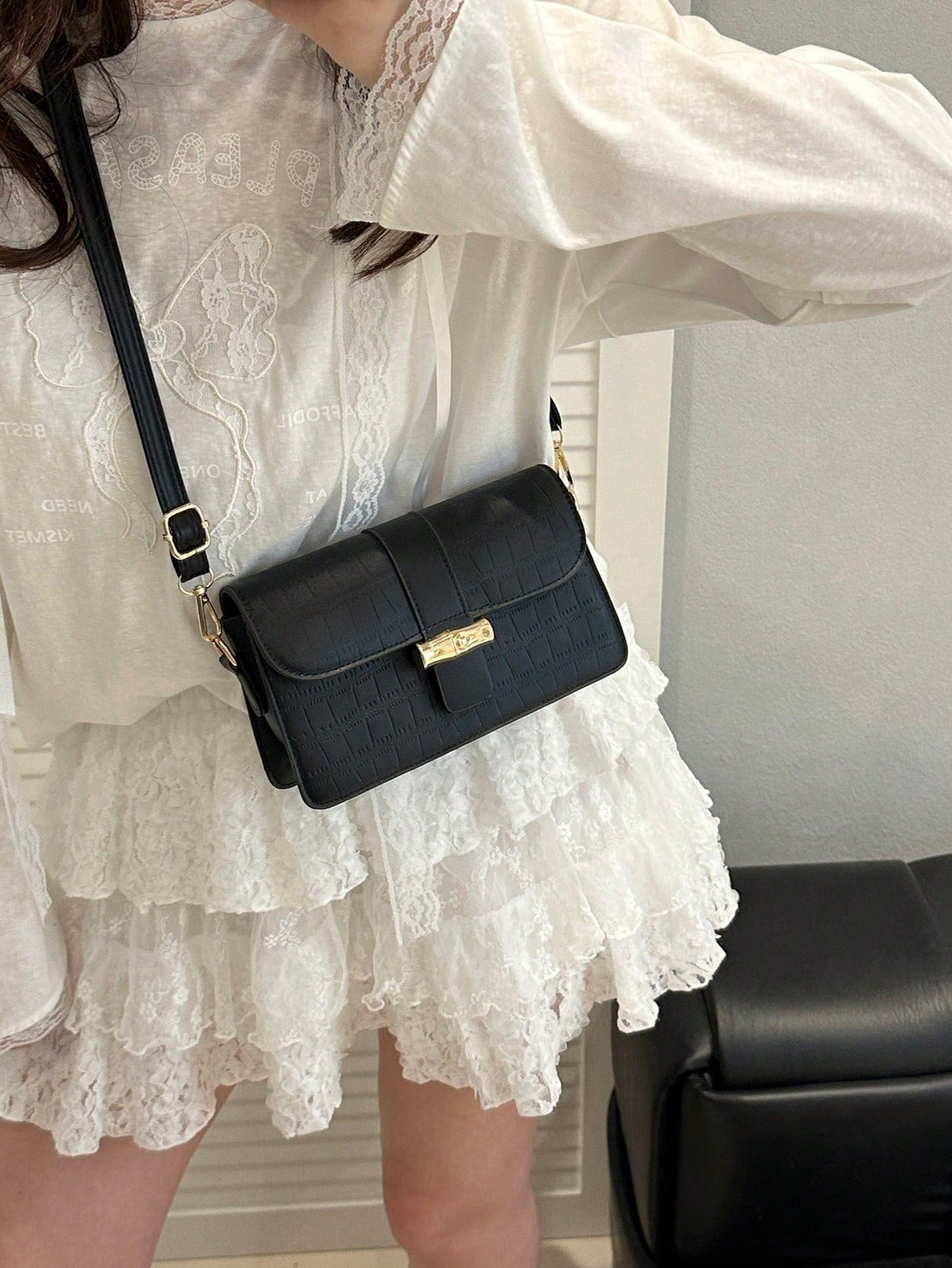 1 Pc Crocodile Embossed Flap Square Bag, Animal Print Women Bag - 14