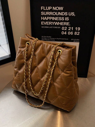 Large Capacity Fashion Tote Bag, Padded, Embroidered Quilted, Soft, Winter Chain Strap Shoulder Crossbody Bag For Women