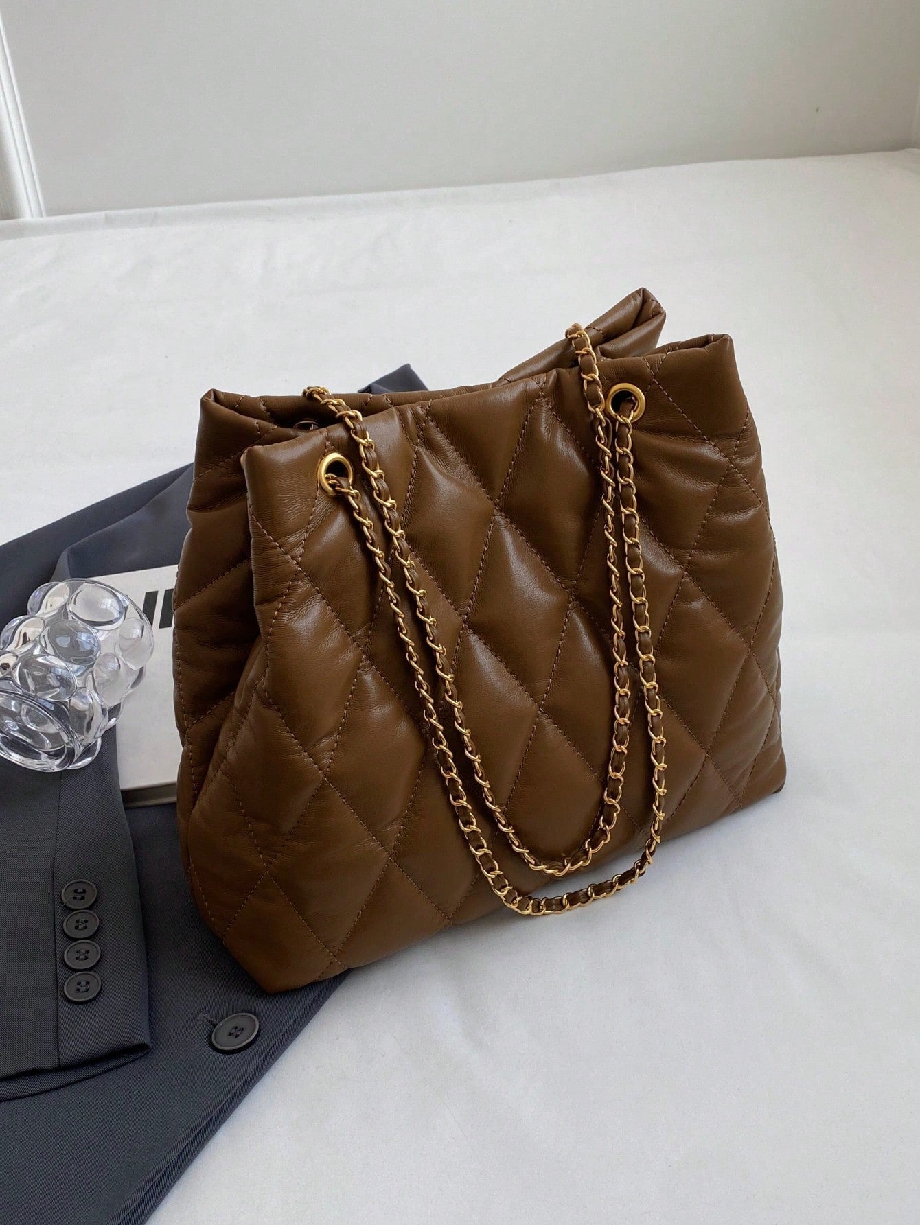 Large Capacity Fashion Tote Bag, Padded, Embroidered Quilted, Soft, Winter Chain Strap Shoulder Crossbody Bag For Women