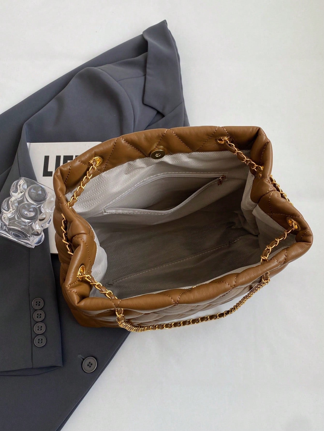 Large Capacity Fashion Tote Bag, Padded, Embroidered Quilted, Soft, Winter Chain Strap Shoulder Crossbody Bag For Women